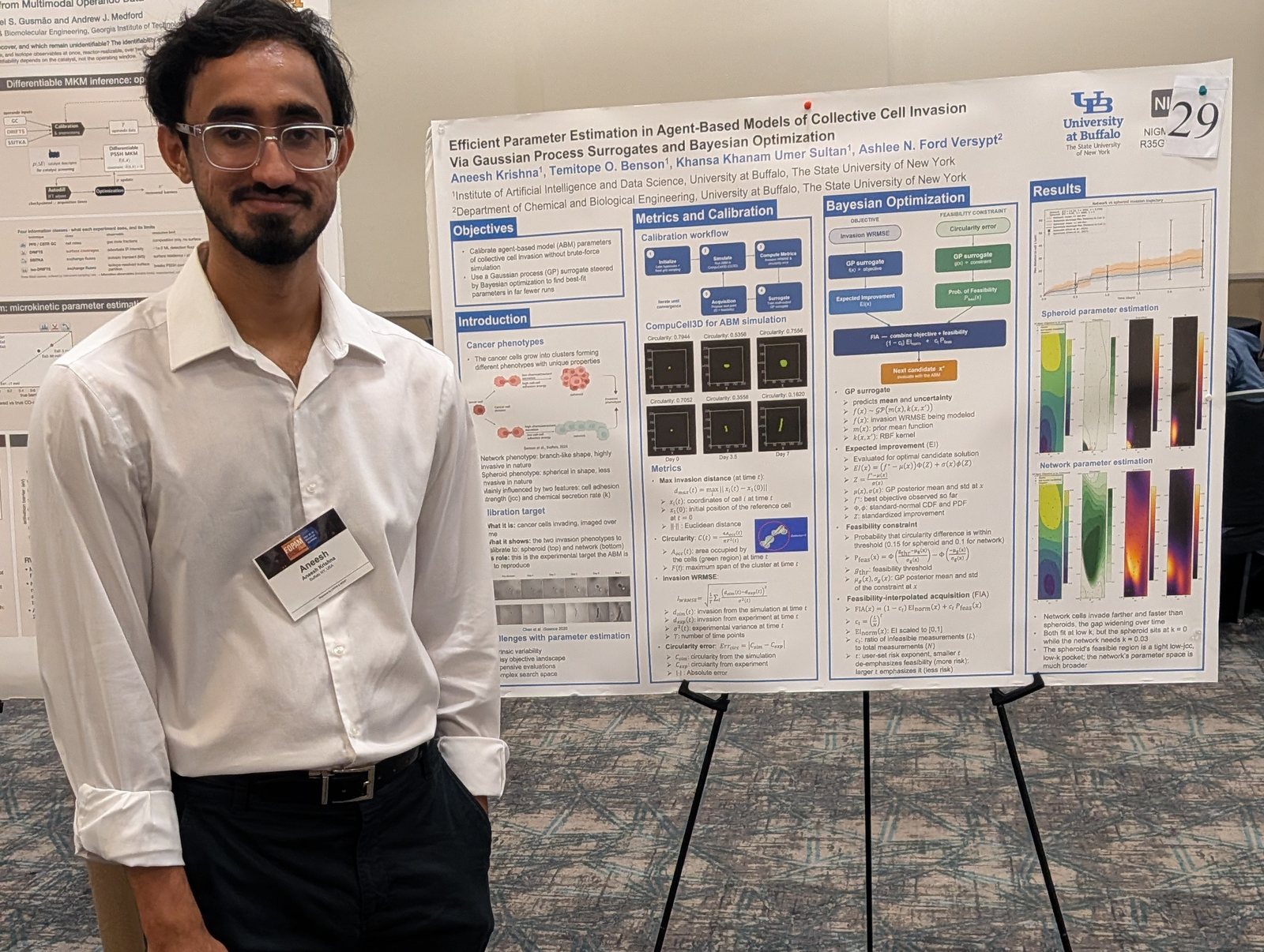 Aneesh next to his research poster at FOPAM 2026